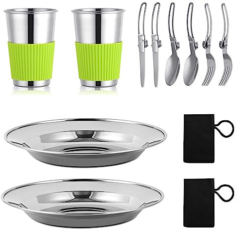 Camping Geschirr Set, DUOJIN 12-Teiliges Camping Besteck Set Edelstahl Reisebesteck Picknick Set für 2 Personen Kochgeschirr Camping Picknick Outdoor Wandern