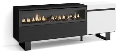 Skraut Home | TV-Schrank, Lowboard | für Wohnzimmer und Esszimmer | 150x57x35cm | Für TV-Geräte bis zu 65 | Elektrokamin. Maße | Industriedesign | Moderner Stil | Weiß und Schwarz