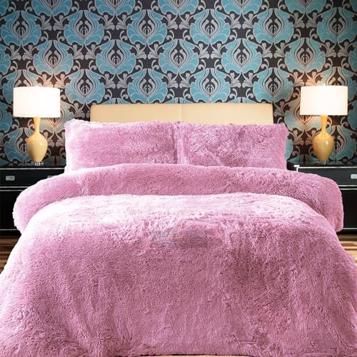 PARADISE STAR Juego de funda de edredón de forro polar con funda de almohada a juego, mullido, térmico, cálido y acogedor, color rosa, tamaño King, 230 x 220 cm aprox