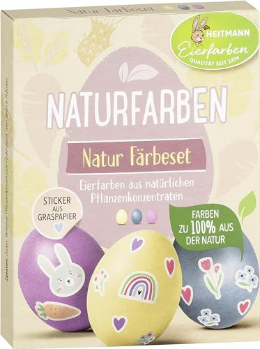 Heitmann Egg Colours Nature Dye Set, 3 Egg Colours Powder (Yellow, Purple, Grey-Blue), Sticker Sheet Made of Grass Paper