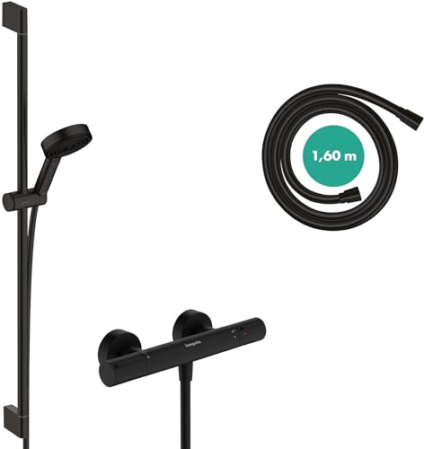 Hansgrohe Pulsify Select S - Vattenbesparande Duschset Med Duschtermostat Ecostat Element, Duschhuvud 8,2 L/Min (Ecosmart), Duschstång 90Cm, Duschslang 160 Cm Och Hållare, Matt Svart, 24271670