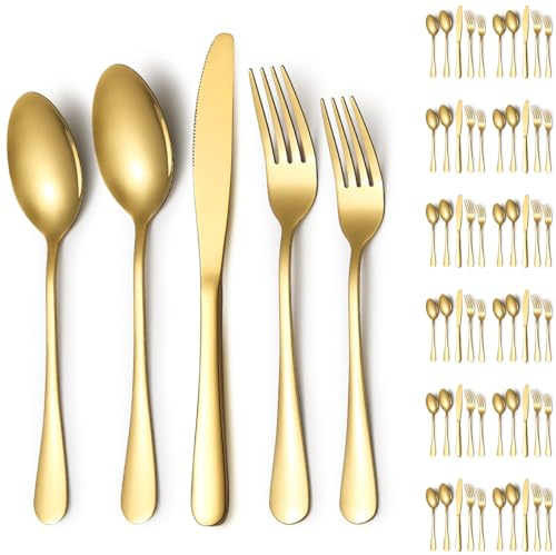 ReaNea Set di posate 60 pezzi per 12 persone con placcatura in titanio oro Include coltelli da tavola, cucchiai da tavola, forchette da tavola, cucchiaini da tè, forchetta da dessert