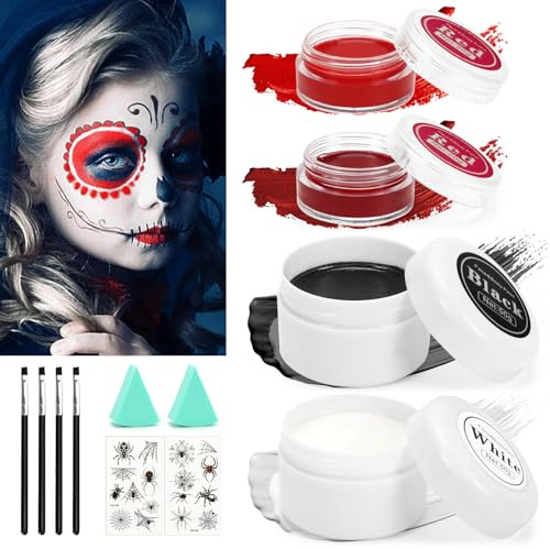 Trucchi Halloween, Trucco Halloween Bambini Adulti, Halloween Trucco Make Up, Trucco Bianco Nero Rosso per Viso Corpo Halloween, Truccabimbi Set per Halloween Carnevale Feste