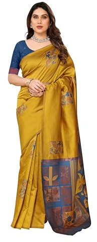 Sidhidata Kanjivaram Banarasi - Sari de seda suave para mujer con blusa sin costuras (flor de caja de seda), Mostaza, talla de un talla