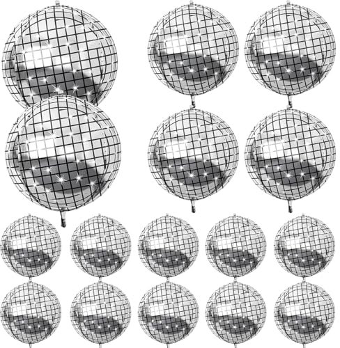 HILAVO 16PCS Disco Ball Balloons, 32in 22in Large 4D Metallic Silver Disco Balloon Foil Balloons for 70s 80s 90s Disco Themed Party Birthday Baby Shower achelorette Graduation Party Decorations