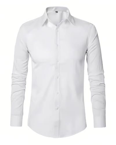 AORHOFJ 1 weißes Hemd, Herren-Business-Hemd, Stretch Casual Hemd, schlichtes langärmeliges Anzughemd, bügelfreies Regular-Fit-Hochzeitshemd (XL)