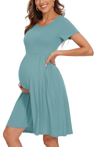 WOOXIO Women's Fashion Short Sleeve Maternity Dress with Pockets Patchwork Pregnancy Clothes