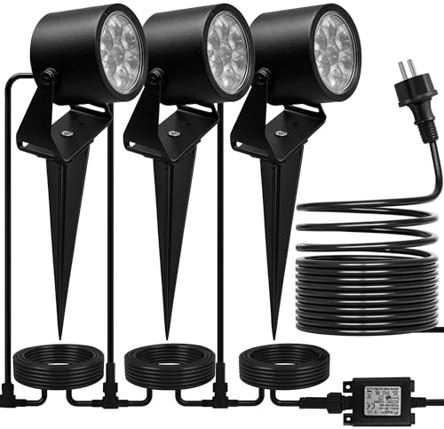 JNR 3 Stück 12V mit Adapter Edelstahl Gartenstrahler LED Außen Set IP65 Wasserdichte 11m Kabel, Gartenleuchten mit Strom 3.5w 300LM 3000k Warmweiß Glühbirne, Gartenbeleuchtung (3 Pack-Schwarz)
