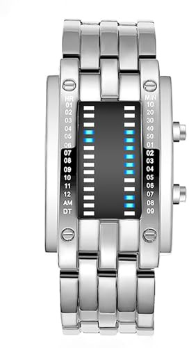 ADSBIAOYE Men's and Women's Watches Fashion Creative Double Matrix Binary LED Waterproof Stainless Steel Watch (Men's Silver)