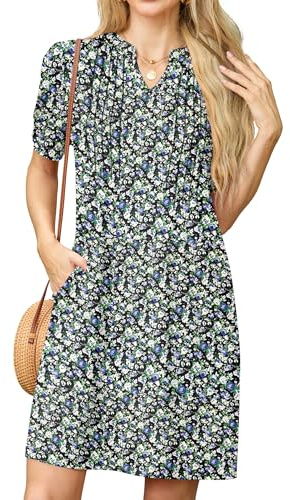 GRECERELLE Damklänningar sommar vardaglig kortärmad v-ringad skiftklänning för kvinnor damer t-shirt klänning med fickor