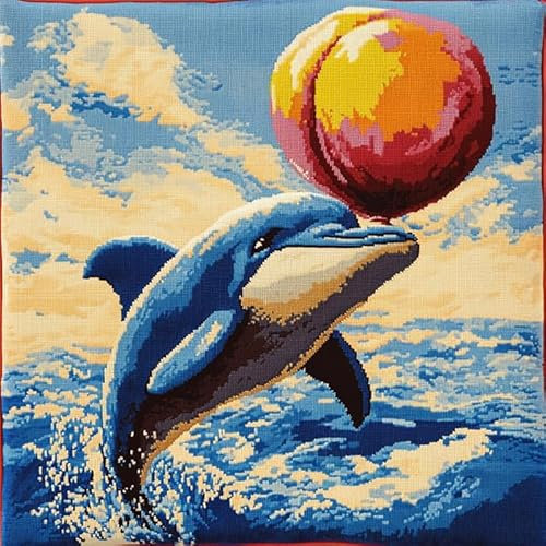 AxiangziK Kit Gancio di Chiusura per Cuscino Fai-da-Te,Un simpatico delfino che gioca con i palloncini,Artigianato Facile da Imparare per Kit Tappeto con Gancio di Chiusura per Cuscino,43x43cm