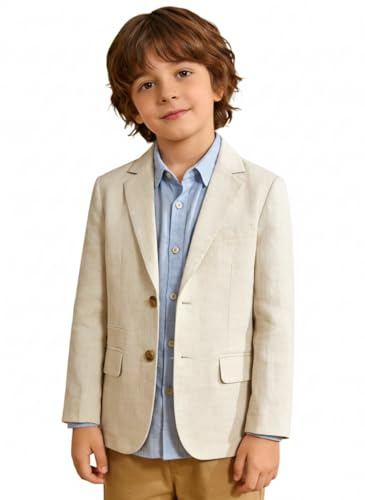 ROZU Kids Blazers for Boys Linen Suit Jacket 2 Button Casual School Uniform Jacket Ring Bearer Outfit Beige Sport Coats Size 8 Beige