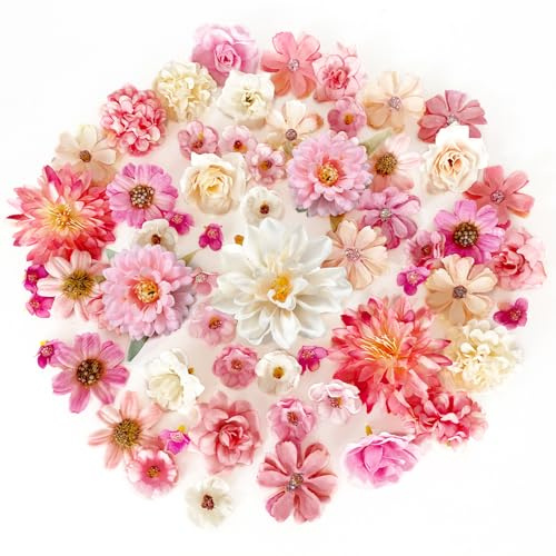 ROLLWAY 60pcs Fleurs Artificielles Deco，Mini Fleur Artificielle Fausse Fleur Decoration Petite Tête de Fleur Rose Artificielle 2-8cm Petites Capitules Tete pour décoration Mariage DIY Couronne