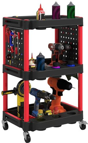HOMCOM Carrello Porta Attrezzi a 3 Livelli, Carrellino da Officina in Plastica con Pannello Forato Laterale Portautensili, Capacità 91 kg, Nero e Rosso