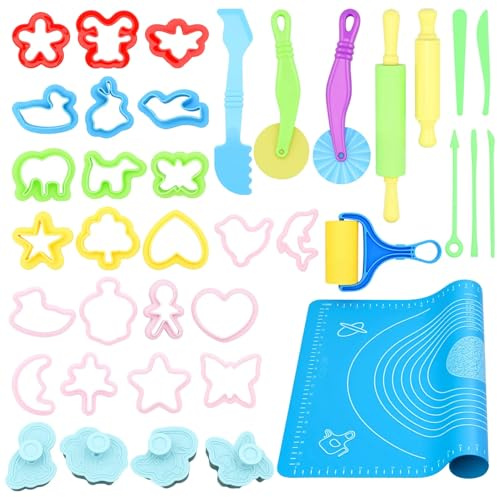 SAMANTHAHALLLTD Lot de 38 accessoires de pâte à modeler comprenant des tampons, des outils, des moules en caoutchouc, des outils pour pâte à modeler, des moules en forme d'animaux, pour garçons et