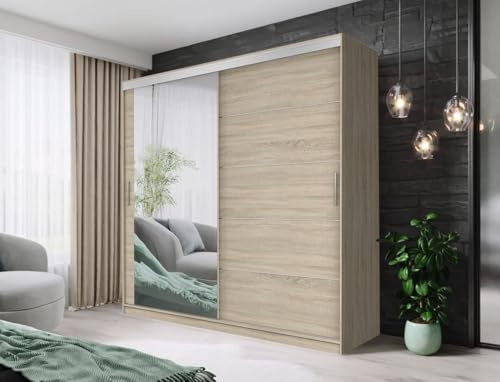 FHI-IBIZA Modern Sliding Door Wardrobe with Full-Length Mirror – Bedroom Closet Storage Cabinet – Available in 100cm, 120cm, 150cm, 180cm, 203cm & 250cm – White, Black, Grey & Oak (Oak, 150cm)
