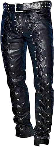 Pantalones de cuero de lujo para hombre, estilo motociclista con cordones laterales, 02- Pantalones de cordones negros - Piel auténtica, XL
