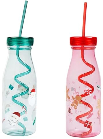 eBoutik - 2 Pack Festive Christmas Non-Glass Milk Bottles with Spiral Straws - Santa & Elf Design, Reusable Bottles for Holiday Drinks for Toddlers & Young Children Xmas Eve Box