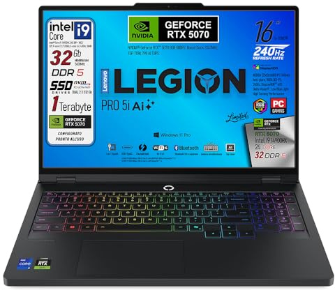 Lenovo Legion Pro 5i, Notebook Gaming, Intel Core i9-14900HX, RAM DDR5 32Gb, SSD 1 Tb, Display HDR 16 WQXGA DCI-P3 100% 240Hz, Nvidia Geforce RTX 5070, Tastiera RGB QWERTY, Ready to Use