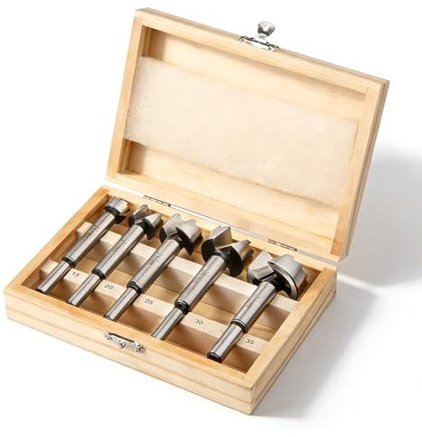 VOBOR 5 Piezas Brocas Forstner para ​Madera 15/20/25/30/35mm, Eje Redondo, Punta Central de Alta Precisión, Corte Agujero en Carpintería para Madera Dura, Tableros de Fibra