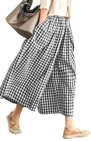 Rapbin Womens Capri Trouser Wide Leg Gingham Elastic Waist Pant with Pocket