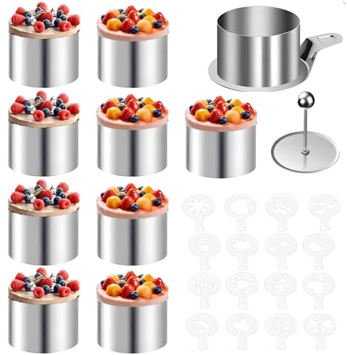 Dazhtu 10 Piezas Anillo de Pastel Ø 8CM Aros de Postre Pastel de Acero Inoxidable, Anillos para Tartas con Bases y Tapas, Aros de Pastel, Anillos de Mousse para Mousse Pasteles, Postres, Galletas