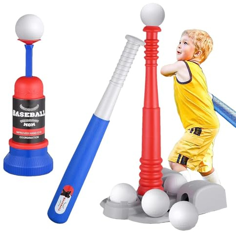 Genérico Set tee Ball para Niños - Lanzador Béisbol Telescópico Ajustable | Conjunto Entrenamiento Interactivo Deporte Exterior | Bate Pequeño con Expulsor, 6 Pelotas, Red, Juguete Coordinación Ma