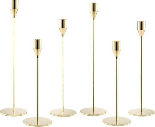 FERNVALE 6PCS Candlestick Holders for Taper Candles Elegant Metal Candle Stands for Weddings, Parties & Home Decor (Fits 3/4 Candles) Tall & Short Candle Holders (Gold)