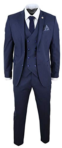 Mens 3 Piece Suit Gatsby 1920s Gangster Pinstripe Tailored Fit Navy Blue