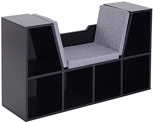 HOMCOM Bookcase Storage Shelf with Cushioned Reading Seat, Cube Bookshelf Organizer for Bedroom Living Room, Black