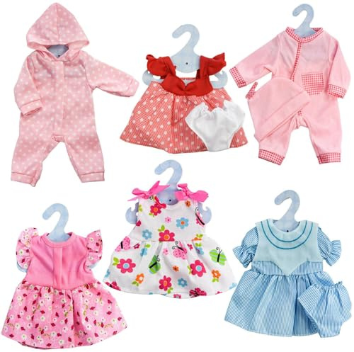 BiBi Doll Set of 6 Baby Doll Clothes - 12 to 16 Floral & Polka Dot Dresses & Outfits, Toys & Accessories for Christmas & Birthday Gifts, Boys & Girls Aged 3 Years+