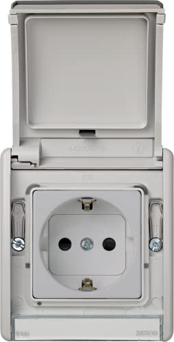 SIMON - Base de Enchufe Exterior, Estanco Toma Schuko, Serie Simon 44 Aqua, 250V 16A, Enchufe de empotrar, Fácil de Instalar, Incluye Caja, Tapa y Mecanismo, Color Gris