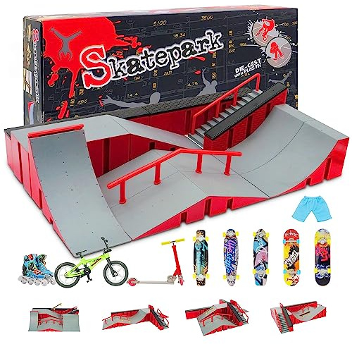Finger Skateboard Park Kits (9 in 1),Finger Skateboard Ramp Set with 5 Fingerboards, Finger Scooter,Finger Bike,Finger Skateshoes and Finger Pants,Skateboard Toys Christmas Birthday Gift for Kids