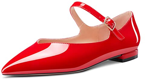 NobleOnly Femmes Bas Talon Heel Fermé Pointu Bout Mary Jane Escarpins Boucle Bureau Party Cute Chaussures 1 CM Heels Rouge Vernis 41 EU
