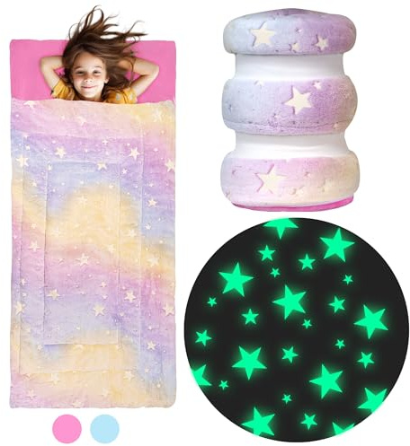 Bollepo Sacco a pelo per ragazze, motivo arcobaleno e stelle luminose, per bambine, con tasca per cuscino, dai 3 anni in su, morbido sacco a pelo per bambine (167 x 83,8 cm)