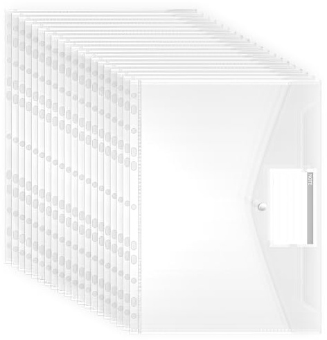 Punched Pockets Plastic Wallets, 20 Pack A4 File Folders for Document Paperwork Clear Envelope with Label Pocket Snap Button Ring Binder Home School Office Supplies