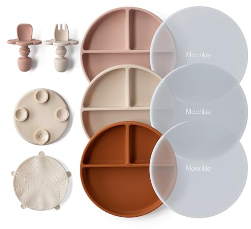 Moonkie Platos Silicona para Bebé, 3 Piezas Antivuelco con Tenedor y Cuchara, Plato Ventosa, Apto para Lavavajillas, Refrigeradores y Microondas (Blush/Amarillo Tierra)