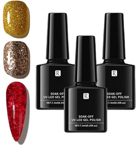 Christmas Gel Nail Polish Set, 3 PCS Gel Polish Set, Shiny Burgundy Red Golden Glitter Nail Varnishes, Soak Off UV Nail Art Design, Christmas Gifts for Women & Girls