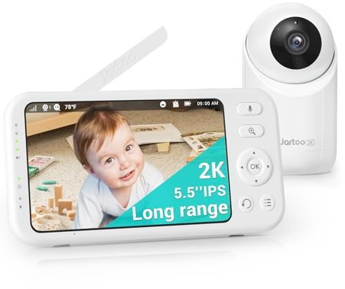 Jartoo Monitor de bebé con video 2K y cámara y audio, monitor de bebé de largo alcance de 567 metros sin WiFi, pantalla FHD de 5.5, cámara para bebé ANC inalámbrica, reloj de alimentación, visión
