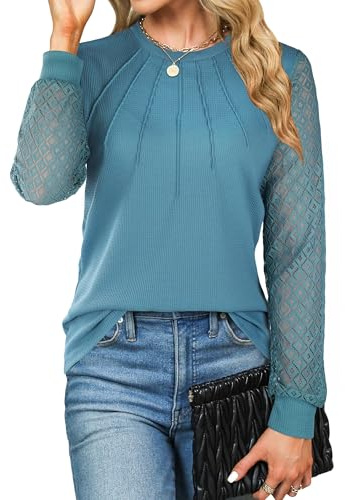 Cuptacc Maglietta Donna a Maniche Lunghe Tunica Collo Rotondo Monocolore Top con Pizzo Maniche Blusa in Tessuto a Coste Camicie Elegante Blu, XXL 50