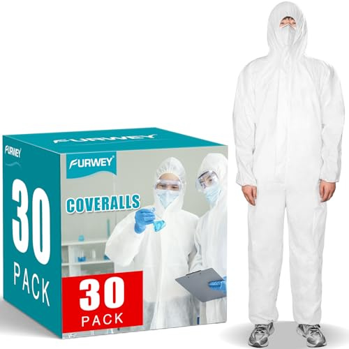 FURWEY Hazmat Suits 30Pack Disposable Protective Coveralls, Heavy Duty Full Body Painters Suit for Men & Women with Elastic Wrists, Ankles and Hood, Available in 5 sizes-X-Large