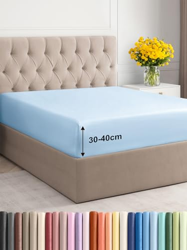 Lenzuolo con angoli 180x200cm - Extra profondo per materassi fino a 40cm (16) di altezza - Morbida microfibra spazzolata - Antipiega, resistente al restringimento e colori - OEKO-TEX - Azzurro chiaro