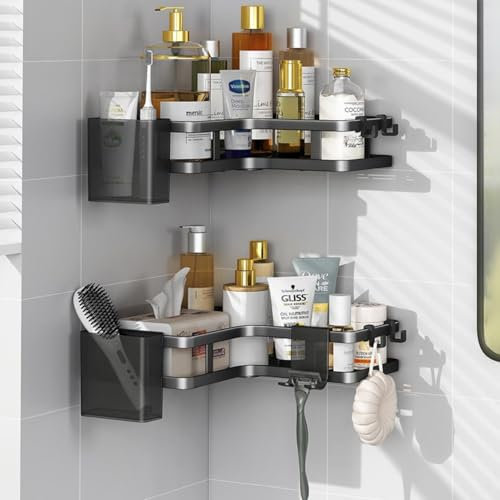WUBAY Corner Shower Caddy 5 Pack, No Drill Quick Dry Shower Corner Shelves, Razor Holder Toothbrush Holder Set, Rustproof Stainless Steel Bathroom Storage Accessory Shelves (Black)