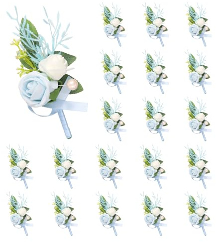 sourcing map 20pcs Light Blue Boutonnieres for Men, Artificial Flower Buttonholes Pocket Corsage with Boutonnieres Pins for Wedding Bride Groom Ceremony Anniversary Formal Party