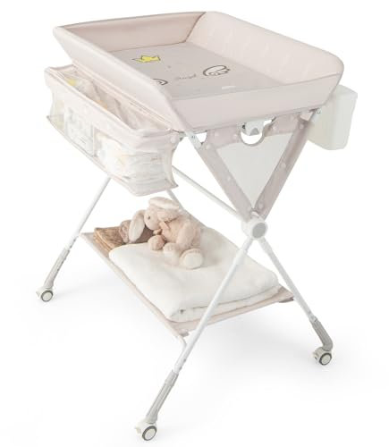 COSTWAY Table à Langer Mobile pour Bébé, Table à Langer Pliable avec Hauteur Réglable sur 3 Niveaux Poubelle Panier de Rangement Etagère Roues Verrouillables, pour Chambre de Bébé (Beige)