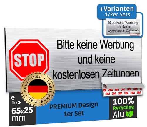 SCHILDERBOXX® STOP Bitte keine Werbung Aufkleber [65x25mm, 100% Alu, 3M Tape] - Briefkasten Schild Kostenlose Zeitungen Verboten
