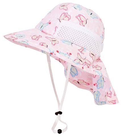 Cysocool Children Wide Brim Sun Hat with Neck Flap 4-13 Years Girls Ponytail Sun Hat Boys Mesh Cool Hat Anti UV Cap Neck Sun Protection Hat with Strap Kids Beach Boonie Hat Summer Hat UPF 50+