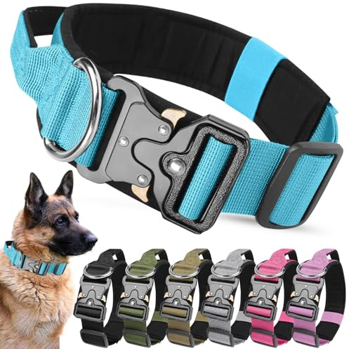 AKOFIC Tactical Dog Collar, Heavy Duty Wide Dog Collar with Handle and Soft Padded, Adjustable Comfortable Pet Collar for Small Medium and Large Dogs Training (Blue, M)