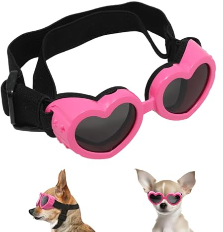Yucenora Pink Dog Sunglasses for Small Breed, Heart-Shaped Goggles Pet Sunglasses UV Protection with Adjustable Strap & Windproof Design(Pink)
