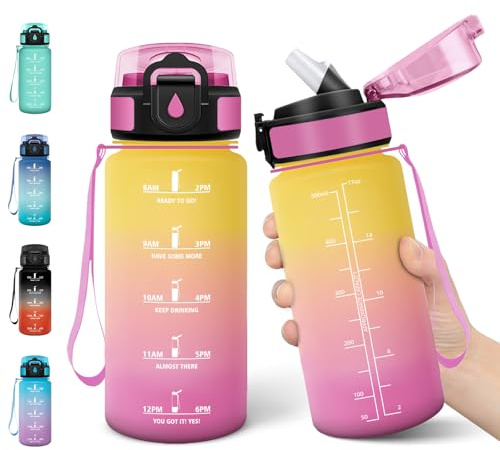 Motswedi Borraccia Bambini, 500ml a Prova di Perdite, Borraccia con Cannuccia, senza BPA, Borracce, Con 2 Tappi, Bottiglia Acqua, Borracce Bambini, Per Scuola, Ufficio, Sport, Giallo Rosa